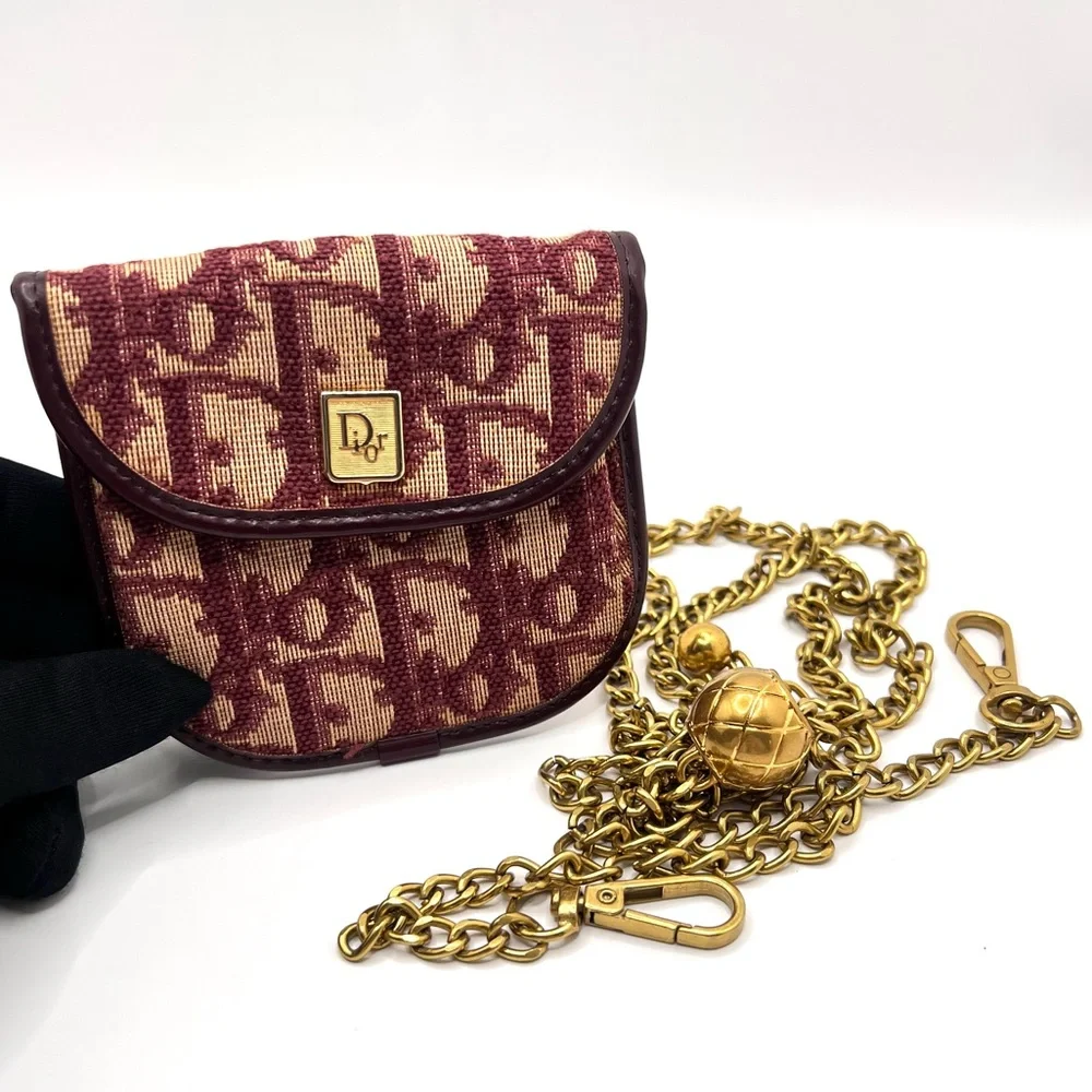 Authentic Dior 30 Montaigne Red Trotter Cloth Leather Mini Wallet to Crossbody